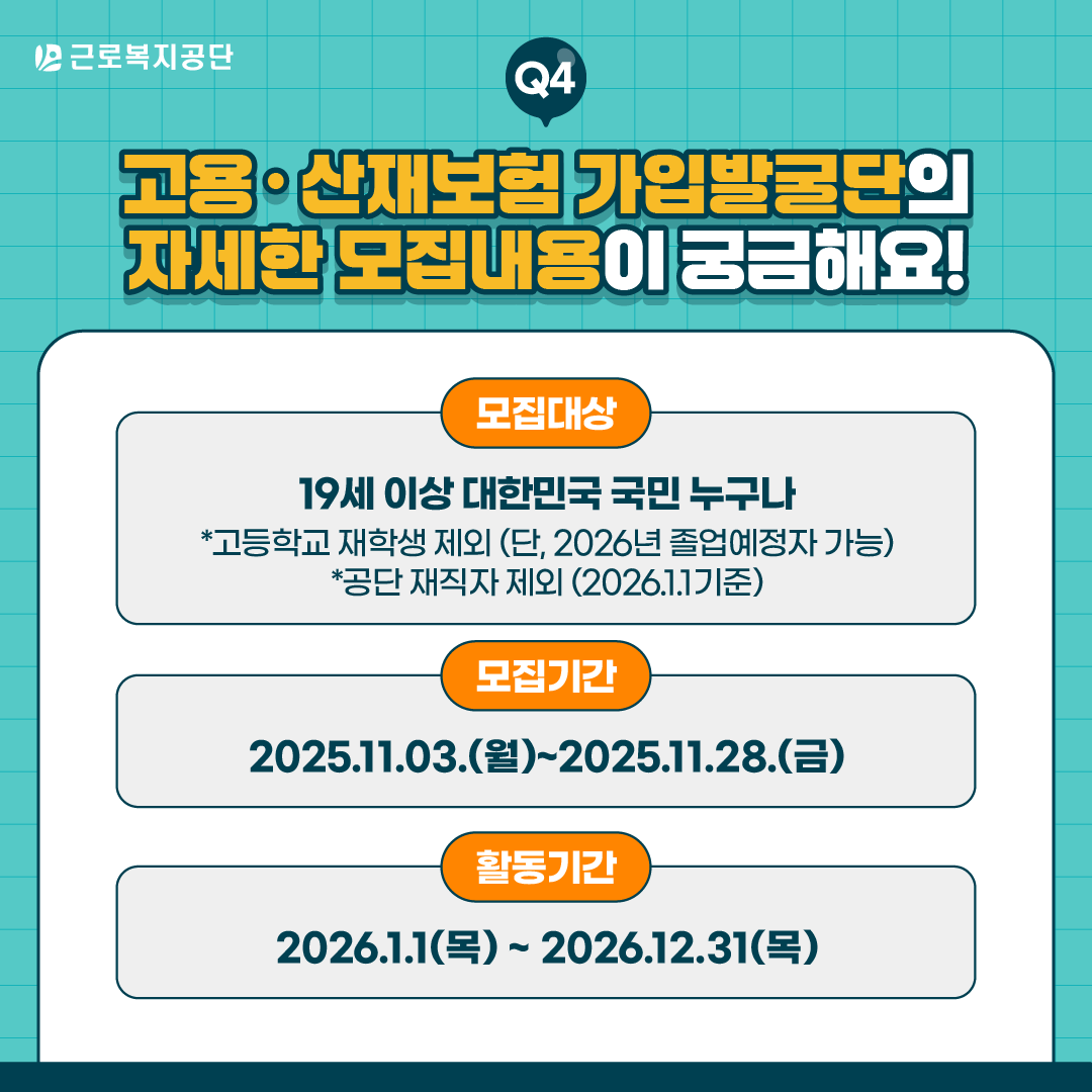 근로복지공단 Q4. 고용·산재보험 가입발굴단의 자세한 모집내용이 궁금해요! 모집대상: 19세 이상 대한민국 국민 누구나(고등학교 재학생 제외, 단 2026년 졸업예정자는 가능. 공단 재직자 제외, 기준일 2026년 1월 1일). 모집기간: 2025년 11월 3일 월요일부터 2025년 11월 28일 금요일까지. 활동기간: 2026년 1월 1일 목요일부터 2026년 12월 31일 목요일까지.